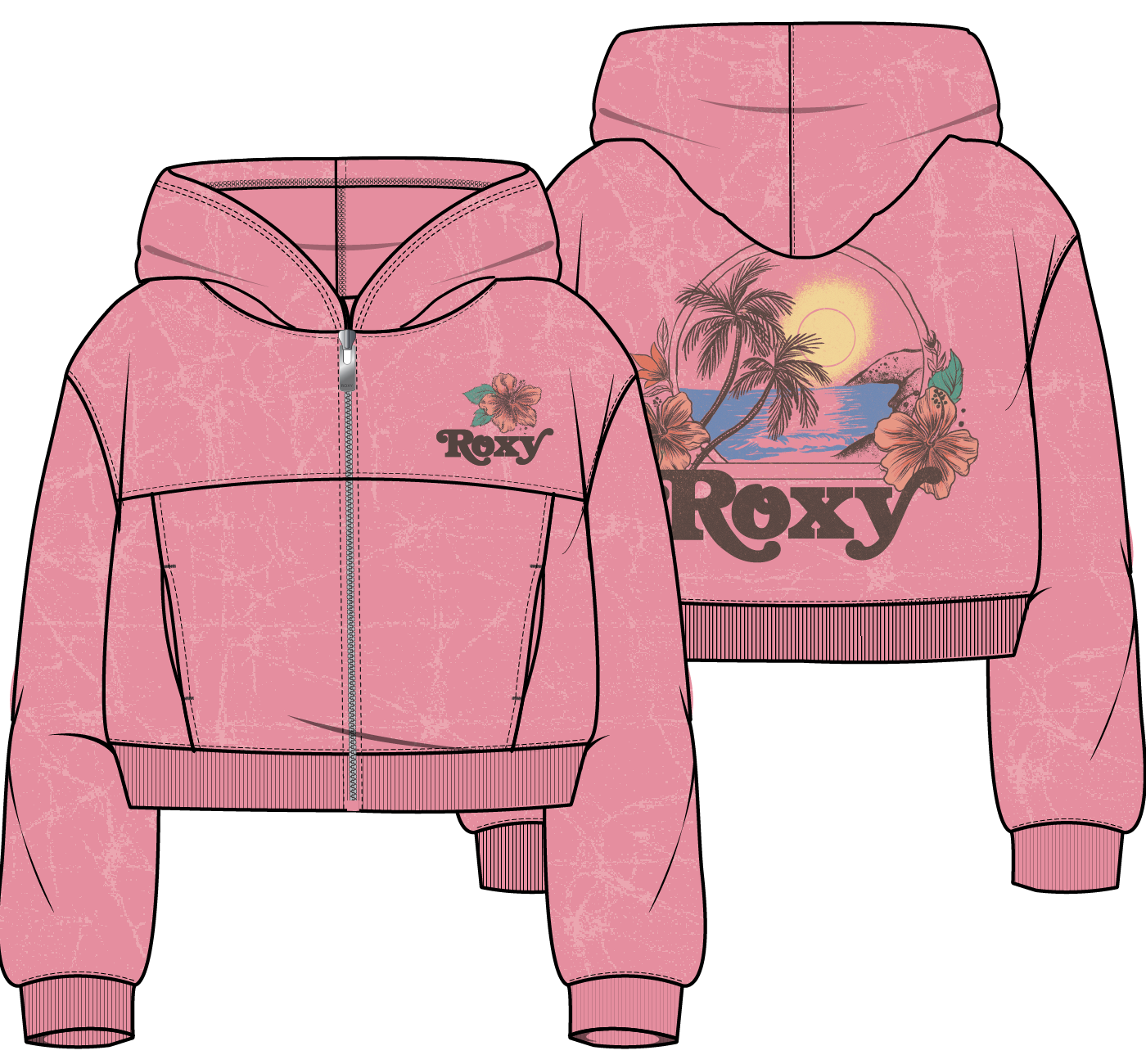 Veste - Roxy bébé fille rose en French Terry coton polyester, motifs fleurs et palmiers, vue de face et dos, dimensions 1400x1300