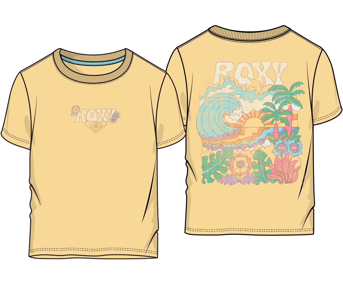 T-Shirt - Roxy jaune clair en coton avec motifs colorés devant et dos, style décontracté, vue de face et dos.