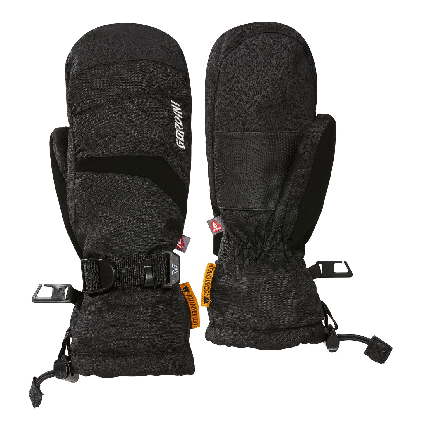 Mitaines d'hiver Tip Top - Gordini noires en tissu technique avec renforts, fermeture ajustable, vue de dessus, pour enfant.