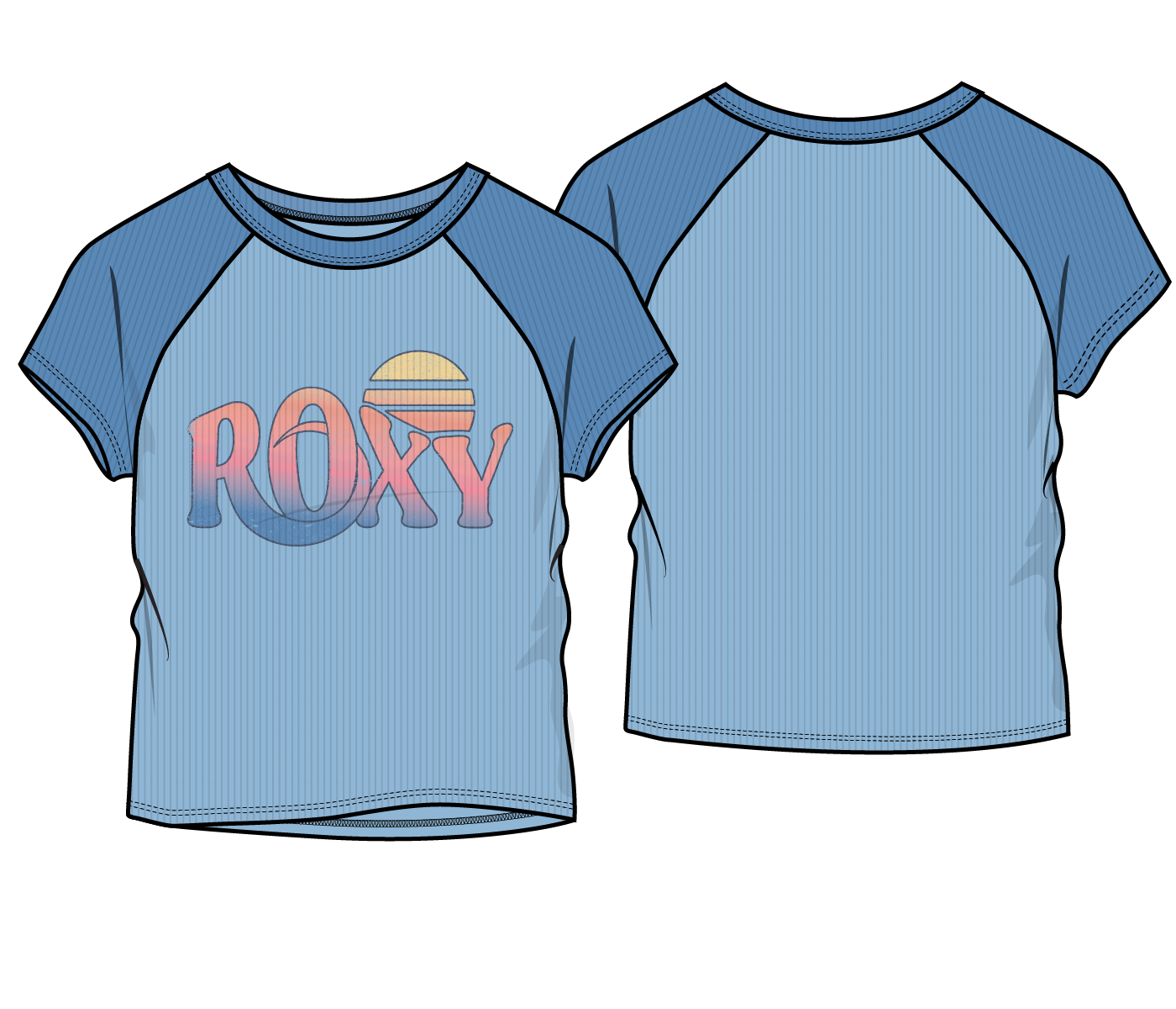 T-Shirt - Roxy bleu clair manches raglan bleu foncé coton pour enfant, vue de face et de dos, position galerie 1