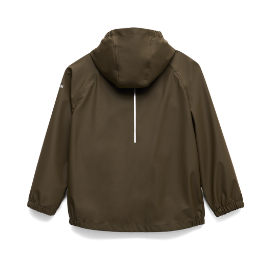 Manteau Imperméable - Kombi kaki en polyester et polyuréthane, pour enfant, vue de dos avec capuche et manches longues longues.