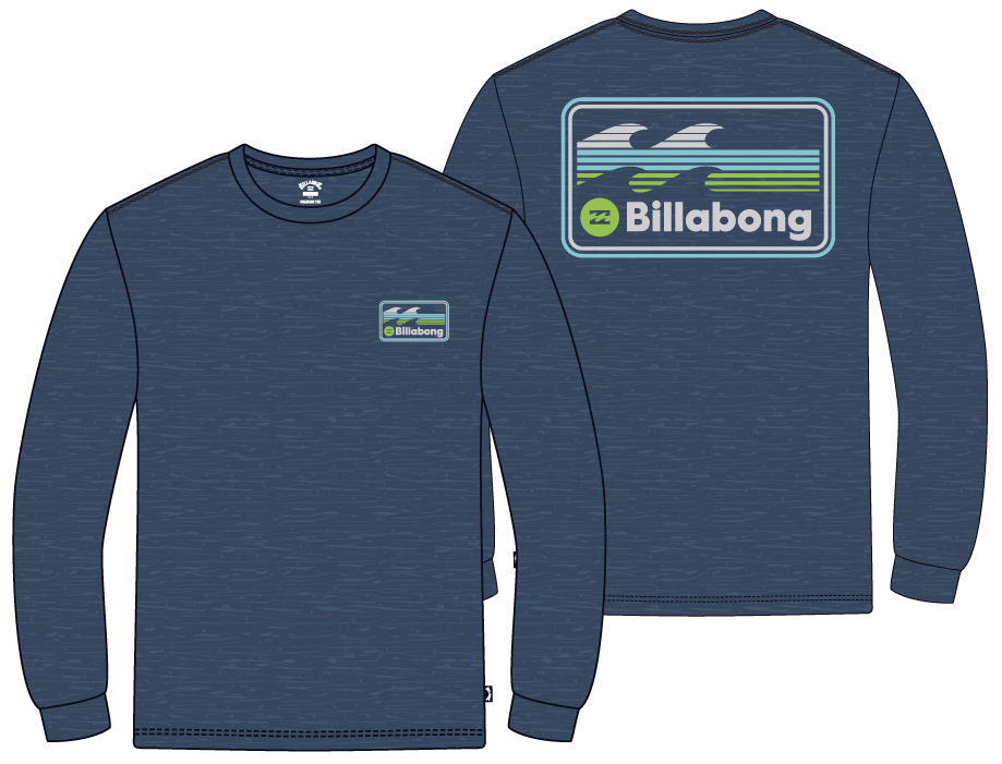 Chandail - Billabong bleu marine à manches longues en coton, avec logo graphique devant et au dos, vue de face et dos.