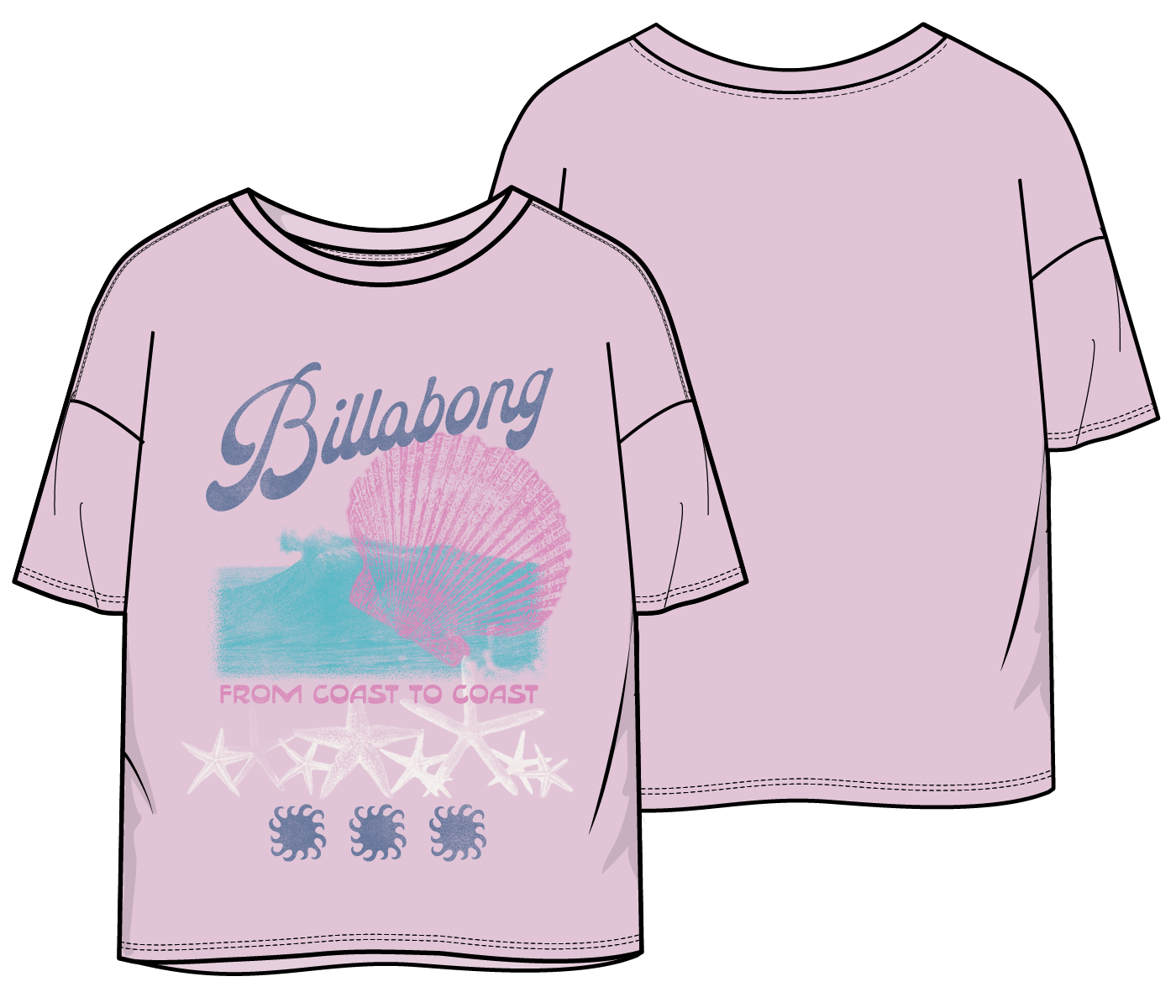 T-Shirt - Billabong rose clair en coton avec motif coquillage et vagues, coupe courte, vue de face et dos enfant