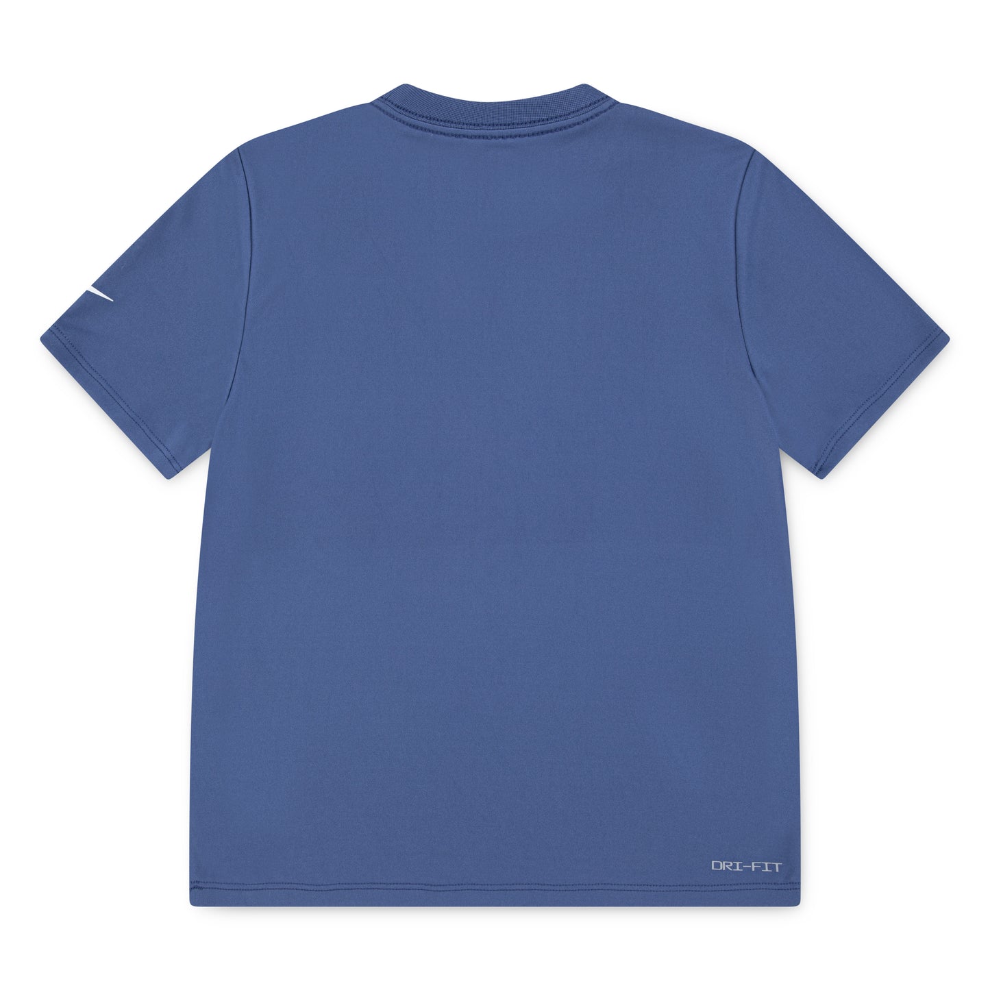 T-Shirt - Nike bleu uni en polyester 100 % avec col rond, manches courtes, vue de dos, taille enfant.