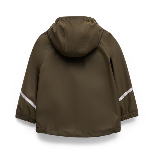 Manteau Imperméable - Kombi kaki avec capuche et bandes réfléchissantes blanches, extérieur polyester polyuréthane, vue de dos enfant.