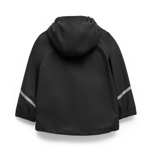 Manteau Imperméable - Kombi noir avec capuche et bandes réfléchissantes, extérieur polyester et polyuréthane, vue de dos enfant 2-7 ans