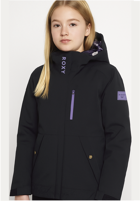 Manteau d'hiver - Roxy noir avec détails violets, capuche, fermeture zippée, pour fille, vue de face porté sur mannequin.