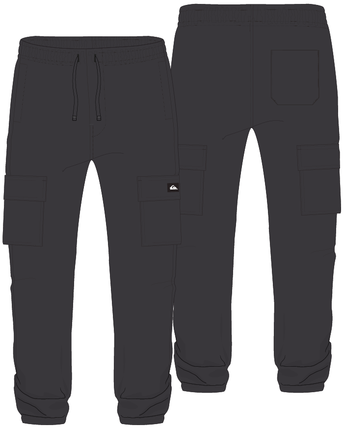 Pantalon jogger cargo - Quiksilver noir en coton, style décontracté avec poches multiples, vue de face et de dos.