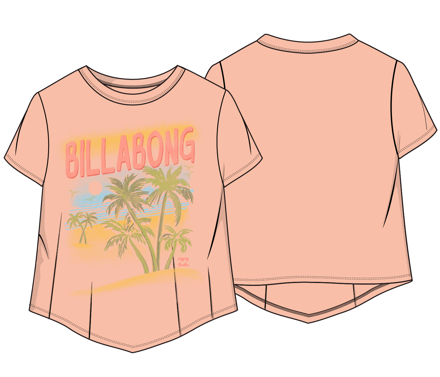 T-Shirt - Billabong pêche en coton avec motifs palmiers et coucher de soleil, vue de face et de dos, style décontracté
