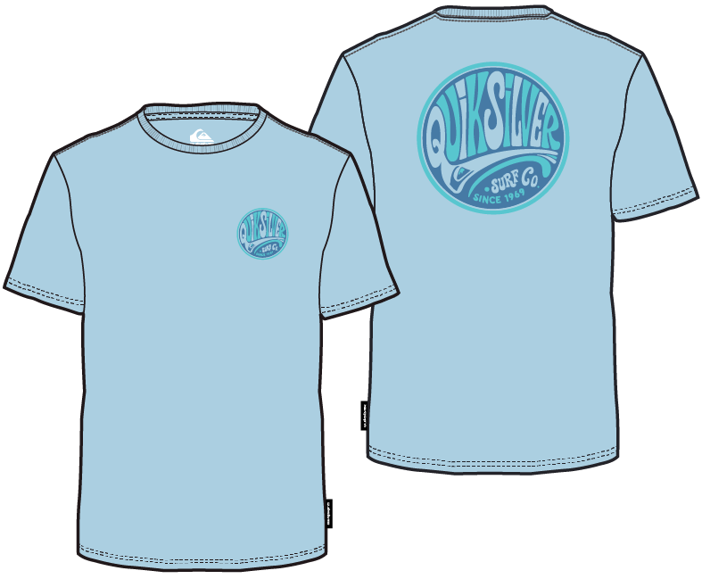 T-Shirt - Quiksilver bleu clair montrant le devant et dos avec logo rond, image en paysage 787x649 galerie 1