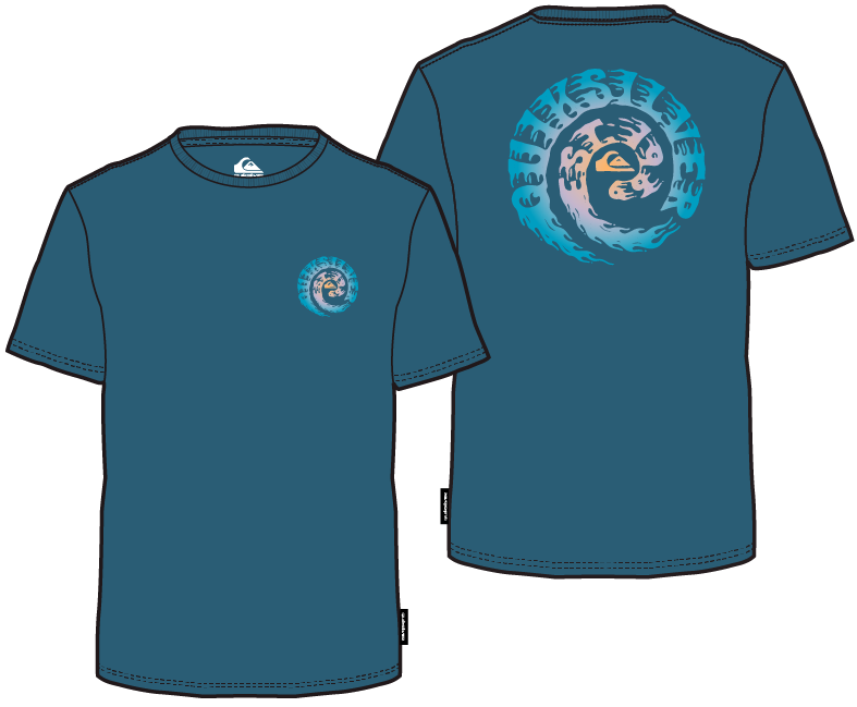 T-Shirt - Quiksilver bleu avec logo circulaire à motifs, vue avant et arrière en orientation paysage 787x649 galerie 1