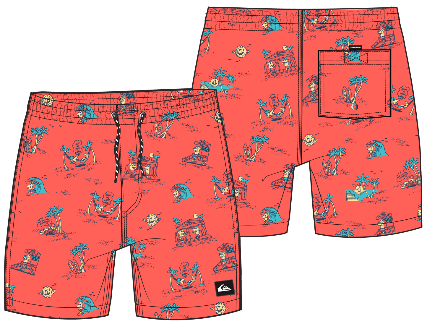Maillot de bain - Quiksilver en polyester supersuede rouge avec motifs tropicaux, position galerie 1, orientation paysage.