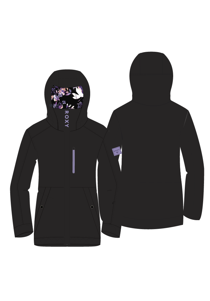 Manteau d'hiver - Roxy noir avec doublure intérieure noire à motifs floraux violets et blancs, style parka, vue de face et de dos.