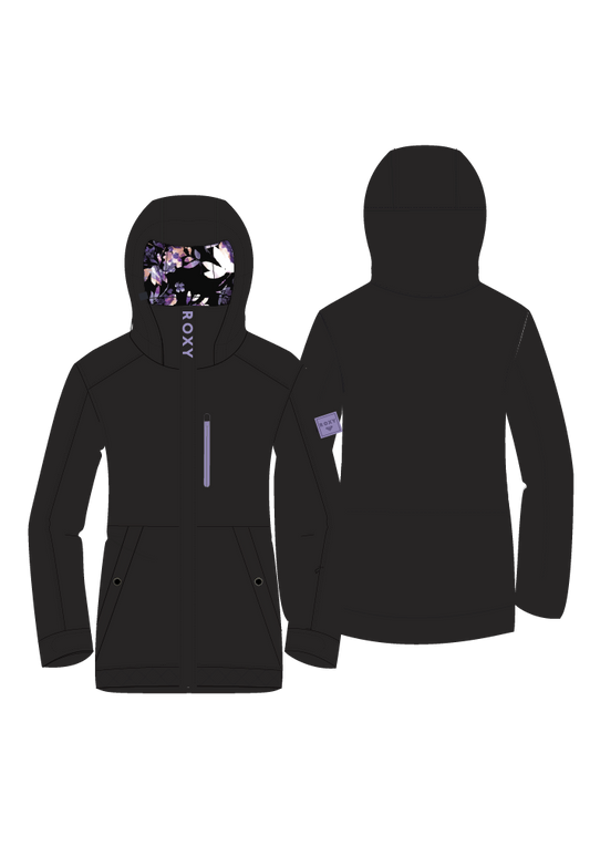 Manteau d'hiver - Roxy noir avec doublure intérieure noire à motifs floraux violets et blancs, style parka, vue de face et de dos.