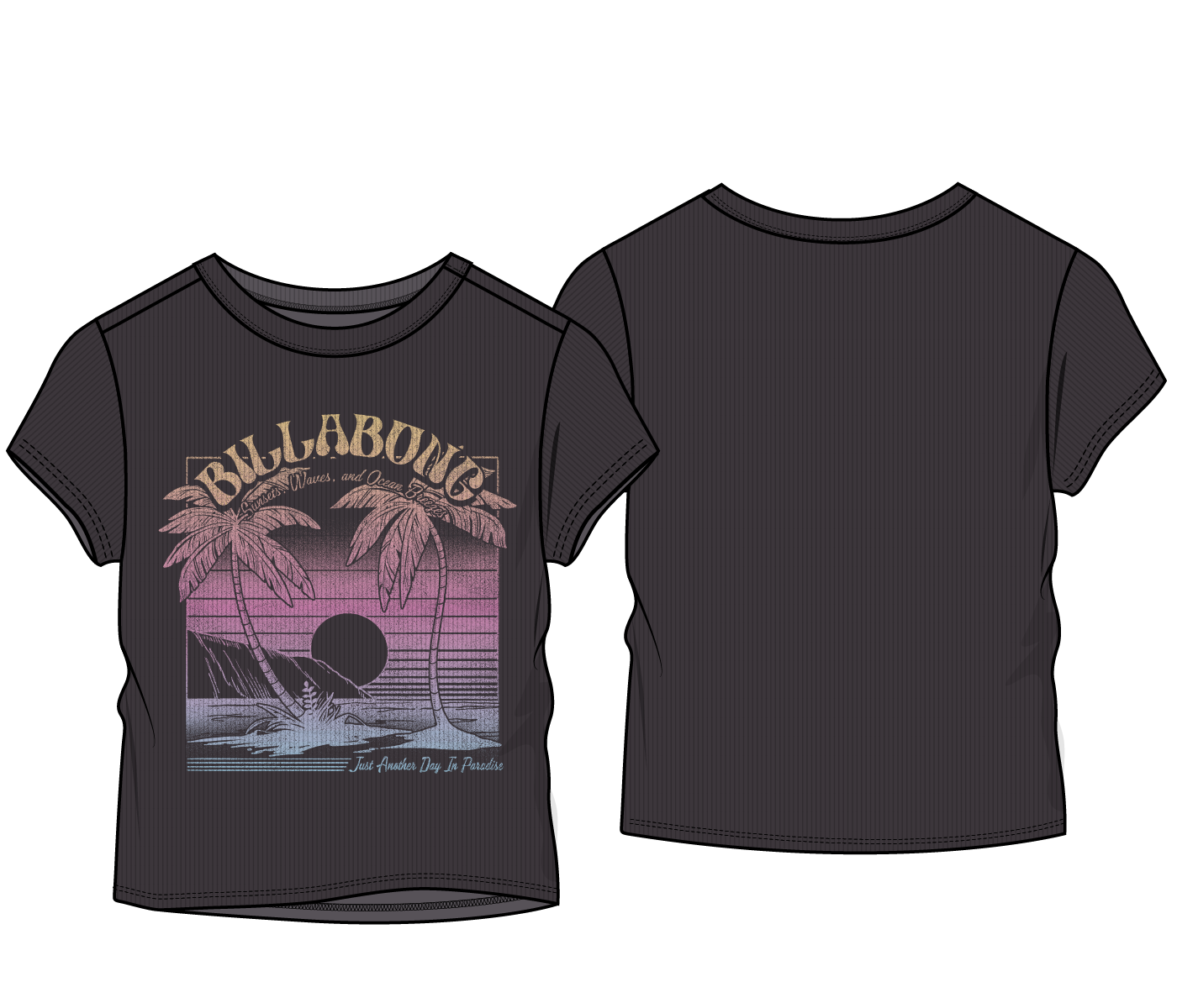 T-Shirt - Billabong noir en coton à manches courtes, motif coucher de soleil et palmiers, vue de face et dos, enfant