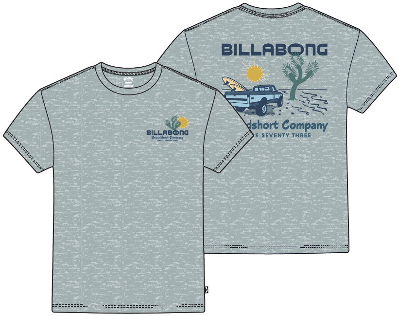 T-Shirt - Billabong gris clair chiné avec imprimé voiture et soleil, style décontracté, vue de face et dos