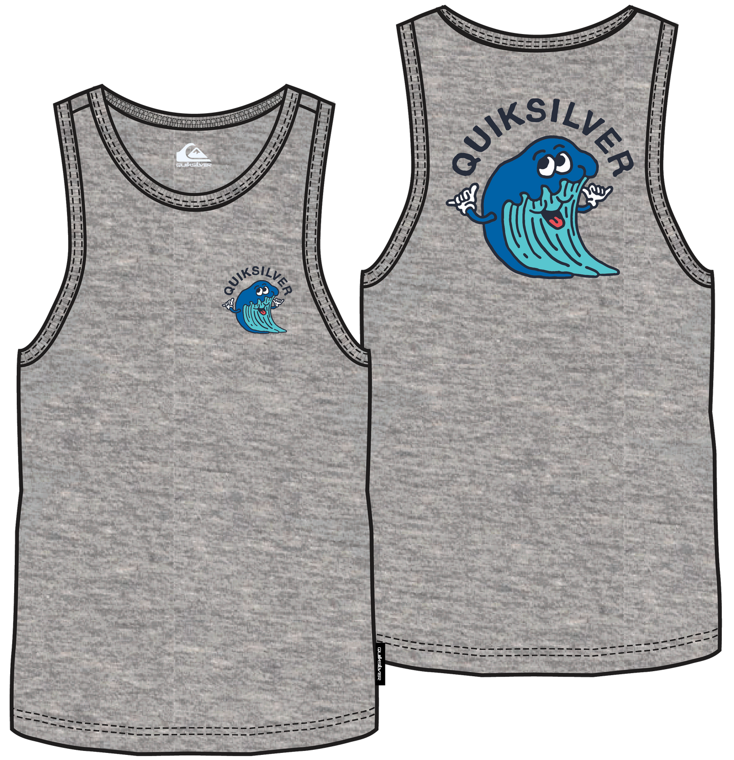 Camisole - Quiksilver grise en coton avec logo vague bleu et texte noir, pour enfant, vue de face et dos.