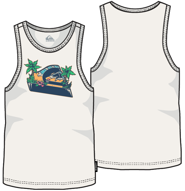 Camisole - Quiksilver blanche avec logo coloré tropical sur le devant, sans manche, vue de face et dos, style décontracté adulte.