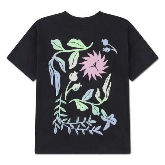 T-Shirt - Jordan noir avec motifs floraux pastel verts, bleus et roses, coton, vue de dos.