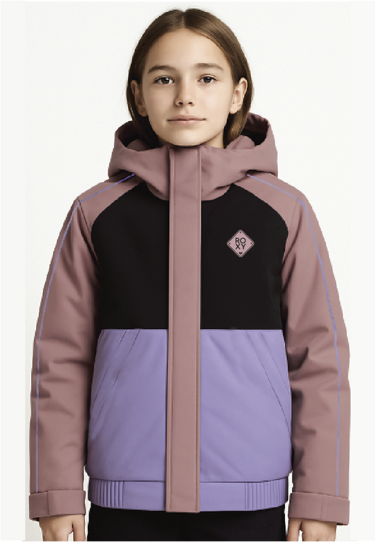 Manteau d'hiver - Roxy pour enfant, bicolore violet et noir avec manches et capuche mauves, coupe isolante, vue de face portée par une jeune fille.