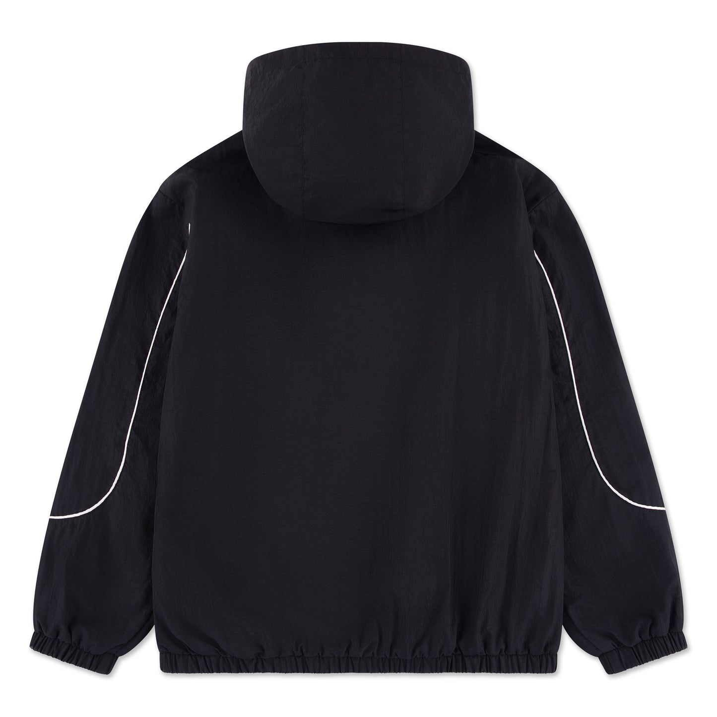 Coupe-Vent - Jordan noir avec doublure en mesh, bandes blanches fines sur manches, coupe ajustée, vue de dos.