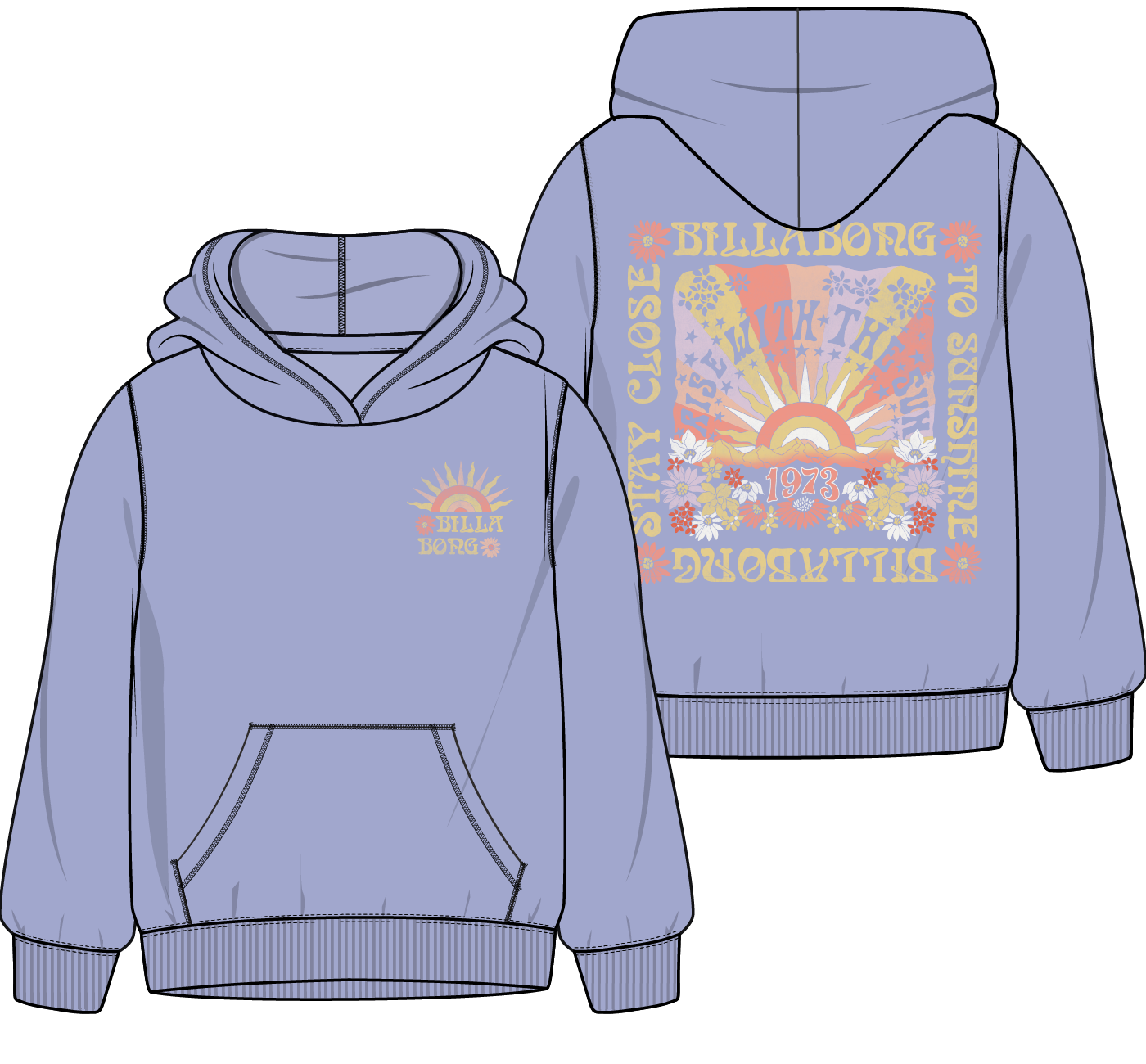 Hoodie - Billabong bleu clair en coton polyester, motif soleil et fleurs, pour enfant, vue de face et dos sur fond blanc.