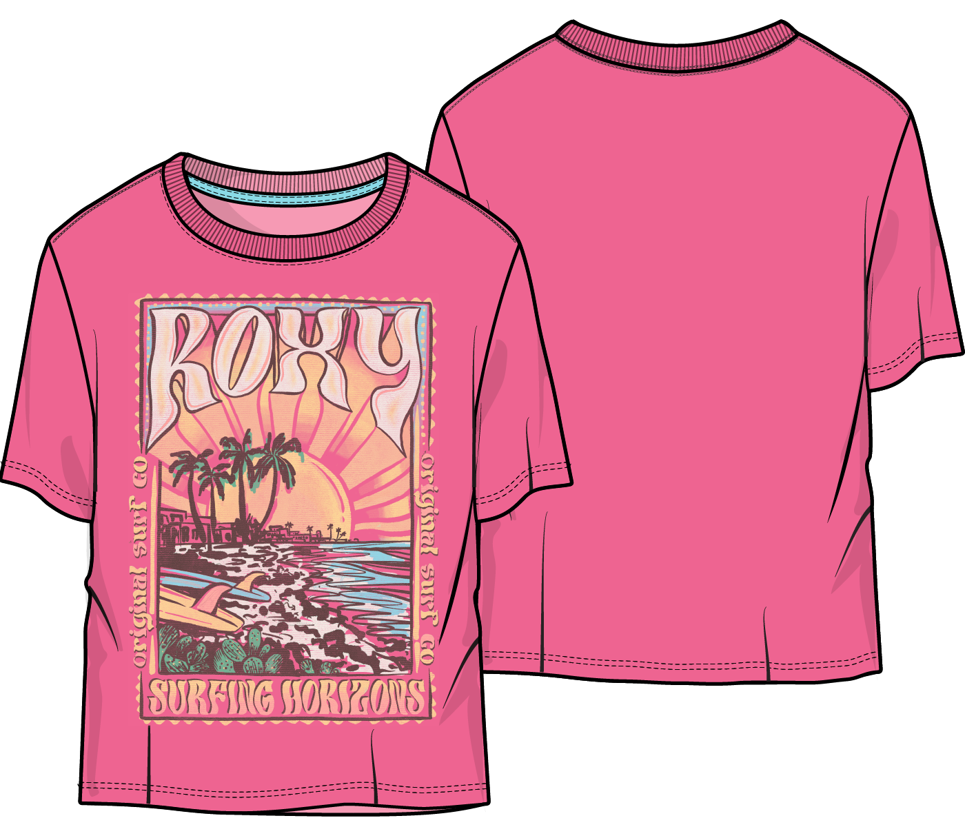T-Shirt Oversize - Roxy rose en coton, imprimé surf multicolore, pour enfant, vue de face et dos.