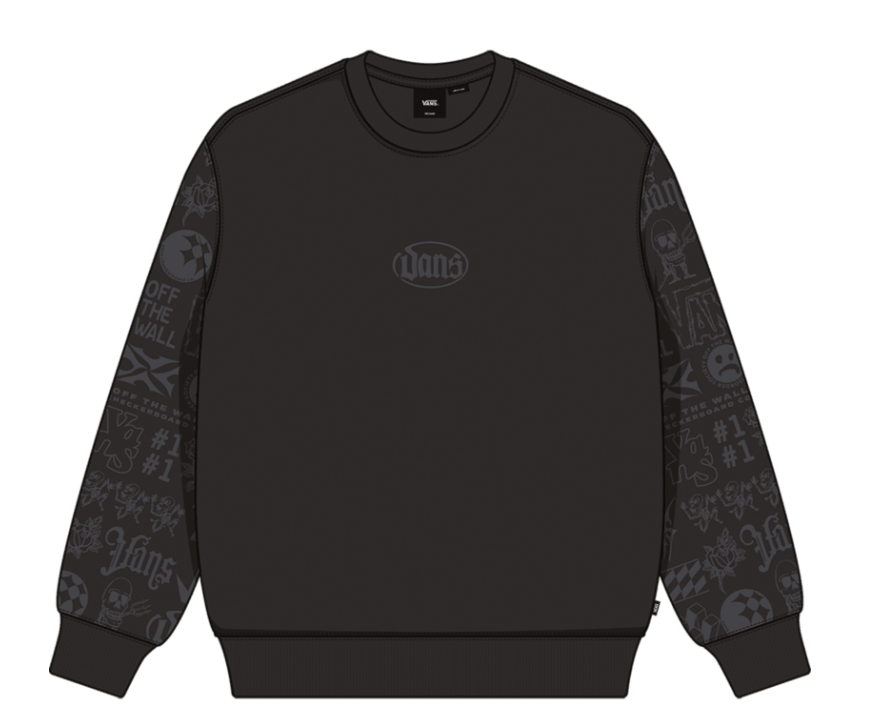 Chandail - Vans noir avec manches imprimées gris foncé à motifs skate, col rond, pour garçon, vue de face.