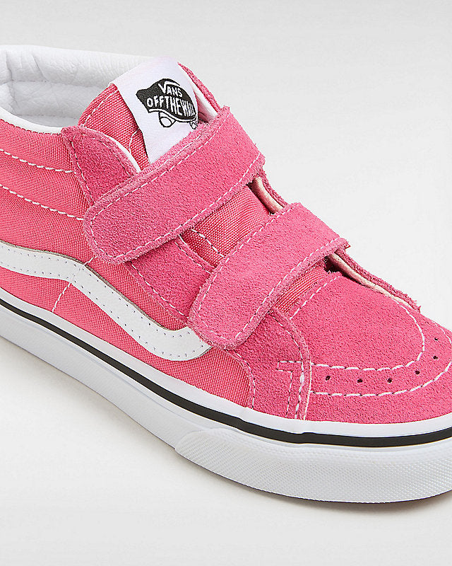 Chaussures - Sk8-Mid Reissu rose en toile et daim avec lanières blanches, pour enfant, vue de profil avant gauche