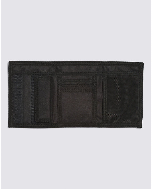 Portefeuille - Vans en tissu polyester recyclé noir avec lanière velcro, vue de face ouverte et compartiments visibles.