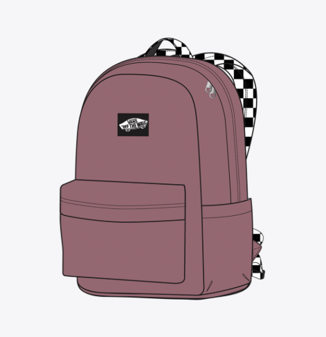 Sac à dos Old Skool - Vans en tissu violet avec dos et bretelles damier noir et blanc, vue de profil droit.