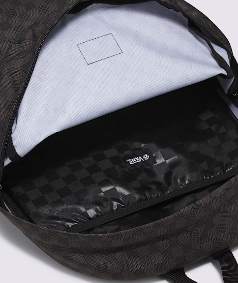 Sac à dos - Vans à motif damier noir et gris avec compartiment intérieur pour ordinateur, vue intérieure ouverte