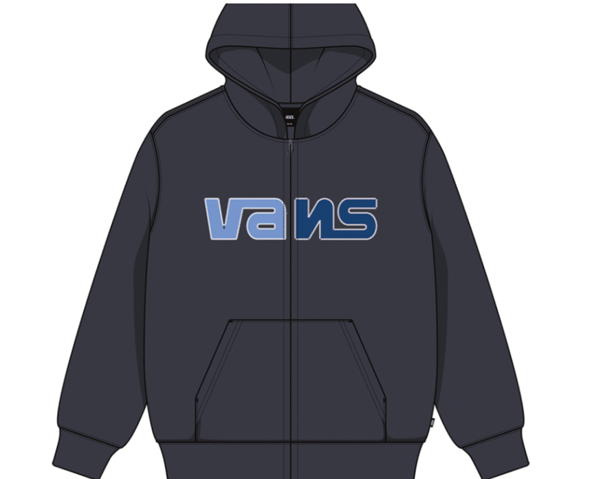 Veste - Vans en coton bleu marine avec logo bicolore sur poitrine, capuche et poches avant, style garçon, vue de face.