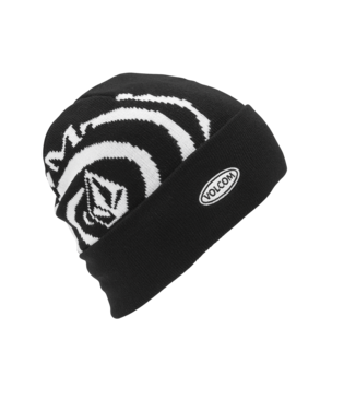 Tuque d'hiver Powder Beanie - Volcom noire et blanche en acrylique avec logo, style garçon, vue de face en légère inclinaison.