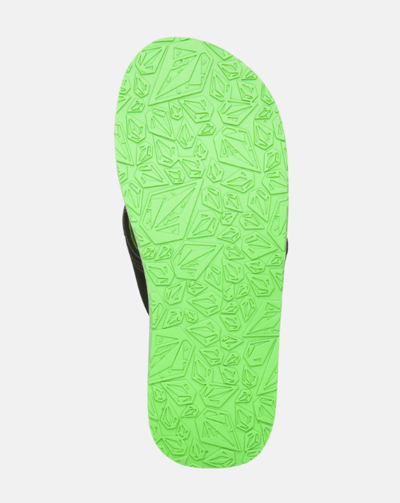 Sandales Recliner - Volcom vue de dessous, semelle verte texturée, lanière noire, style décontracté unisexe adulte.