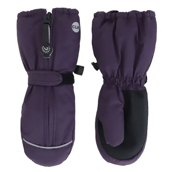 Mitaines d'hiver - Calikids violettes avec paume noire renforcée, sangle ajustable, pour enfant, vue de face et dos.