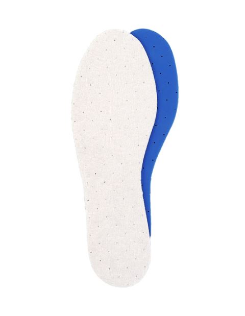 Semelles blanches et bleues perforées en textile, vue de dessus, pour assurer fraîcheur et confort des pieds et chaussures.