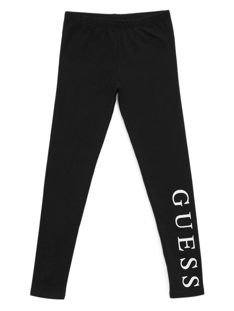 Legging - Guess noir en coton 95% élasthanne 5% pour fille avec logo blanc vertical, vue de face à plat.