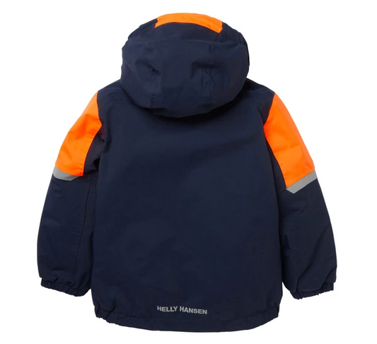 Manteau d'hiver - Helly Hansen marine et orange pour enfant, vue de dos avec capuche et manches articulées