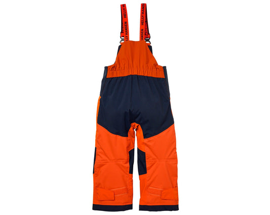 Salopette de neige - Helly Hansen orange et bleu marine pour enfant, matériaux techniques, vue de dos ajustable avec bretelles élastiques.