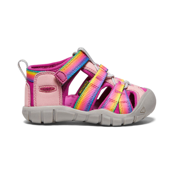 Sandales - Seacamp II Keen rose avec sangles multicolores arc-en-ciel pour fille, vue de profil côté extérieur.