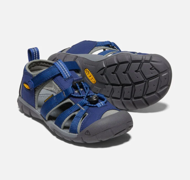 Sandales - Seacamp II Keen bleu marine et gris pour enfant, textile et caoutchouc, vue latérale et semelle dessous.