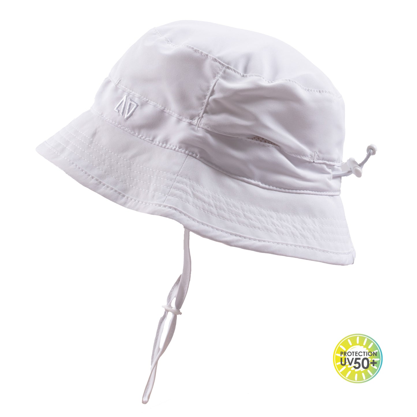 Chapeau U.V - Nanö blanc léger avec cordon de serrage amovible, tissu protection solaire UPF 50+, vue de profil.