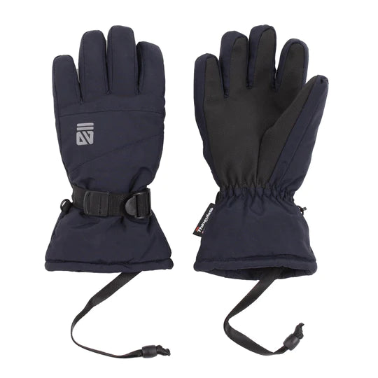 Gants d'hiver -Nanö bleu marine et noir en tissu isolant, pour enfant, vue de face et dos avec fermeture réglable et cordon.