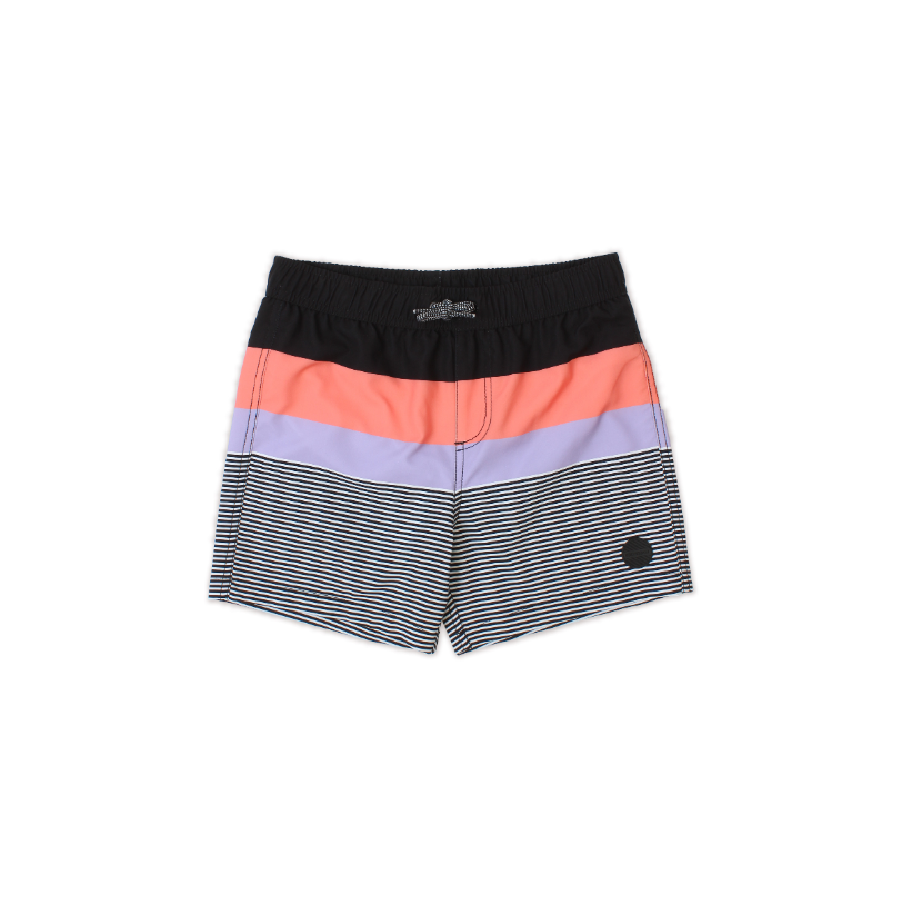 Maillot de bain - Northcoast garçon court avec ceinture noire, bandes orange et violette, rayures noires et blanches, vue de face