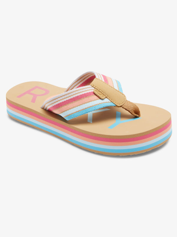 Sandales Chika Hi - Roxy pour fille, lanières rayées multicolores en tissu synthétique, vue en angle avant côté droit.