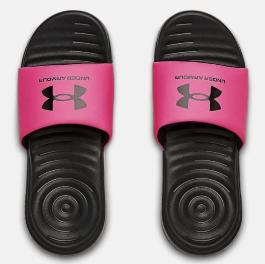 Sandales - Ansa Under Armour noir et rose, style flip flop, matière synthétique, vue de dessus, unisexe adulte.