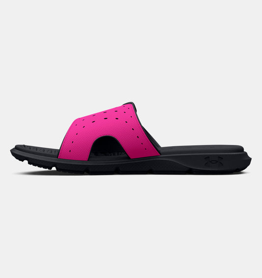 Sandales - Under Armour rose et noires, style mule, matière synthétique, pour fille, vue de profil côté extérieur.