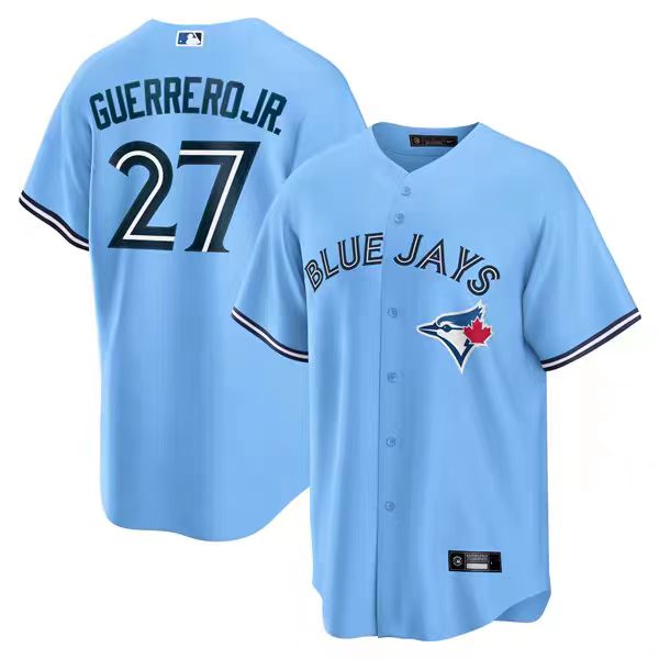 Jersey Baseball - Guerrero Jr Blue Jays Bleu en tissu léger bleu clair, manches courtes, détails noirs et blancs, vue avant et arrière avec nom et numéro.