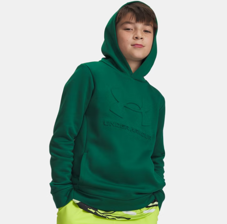 Hoodie - Under Armour vert pour garçon avec capuche et logo en relief porté de face
